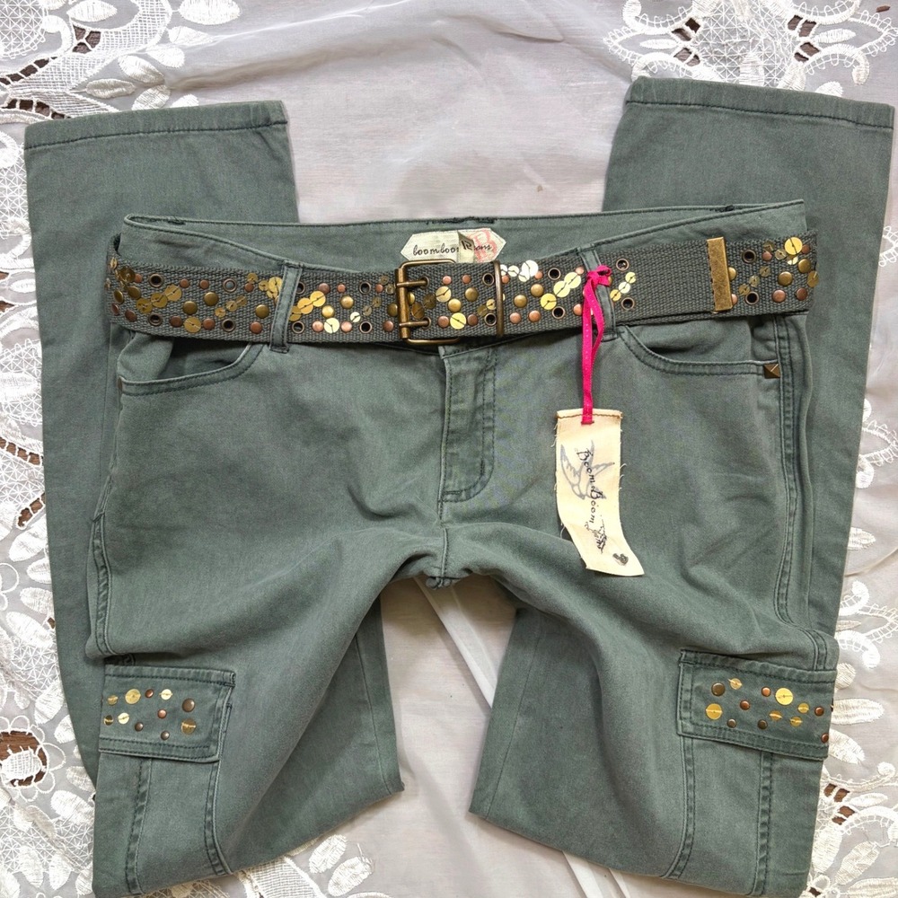 Mcbling Grunge Subversive Jeans Olive Green Studded Sequin Cargo Pants w Belt 15